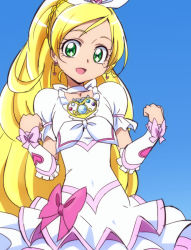 Rule 34 | 10s, 1girl, blonde hair, blue background, bow, brooch, choker, cure rhythm, green eyes, jewelry, long hair, looking at viewer, magical girl, minamino kanade, oimanji, open mouth, ponytail, precure, simple background, solo, suite precure, very long hair, white choker