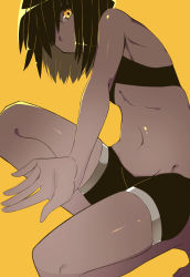 Rule 34 | 1girl, androgynous, black hair, black shorts, breasts, commentary request, covered mouth, dark-skinned female, dark skin, from side, groin, hair over one eye, highres, looking at viewer, navel, one eye covered, original, shiny skin, short hair, shorts, simple background, skindentation, small breasts, solo, stomach, thighs, tostos, yellow background, yellow eyes, yellow theme