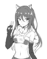 Rule 34 | 1girl, animal ear fluff, animal ears, bandeau, bare shoulders, blush, breasts, closed mouth, elbow gloves, fingerless gloves, fur collar, gloves, greyscale, hair between eyes, hand up, highres, light smile, long hair, medium breasts, monochrome, multicolored hair, navel, nyakonro (nekonro), princess connect!, shiori (princess connect!), simple background, solo, strapless, tiger ears, two-tone hair, very long hair, w, white background