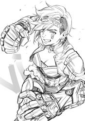 Rule 34 | 1girl, asymmetrical hair, belt, breasts, character name, cleavage, clenched hand, ear piercing, eyebrow cut, fang, gauntlets, goggles, goggles on head, greyscale, grin, highres, jacket, large breasts, league of legends, monochrome, noriuma, open clothes, open jacket, piercing, short hair, shorts, sidecut, smile, solo, teeth, thighhighs, undercut, vi (league of legends)