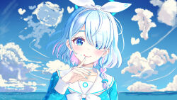 Rule 34 | 1girl, :q, aqua nails, arona (blue archive), blue archive, blue eyes, blue hair, blue halo, blue shirt, blue sky, blush, braid, choker, cloud, cloudy sky, colored inner hair, commentary request, day, finger to mouth, food, food on face, hair over one eye, hair ribbon, halo, hand up, highres, index finger raised, long hair, looking at viewer, multicolored hair, neckerchief, ocean, outdoors, pink hair, ribbon, sailor collar, shirt, short hair, side braid, sky, smile, solo, tongue, tongue out, upper body, white choker, white neckerchief, white ribbon, white sailor collar, zea (zeamilky)
