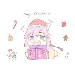 +++ 1girl :3 :d amano_tatsu anyoji_hime black_ribbon blonde_hair blue_eyes blunt_bangs blush_stickers candle candy candy_cane child&#039;s_drawing christmas_present christmas_stocking commentary food gift gingerbread_man gradient_hair green_scarf hair_ribbon hat highres incoming_gift jacket link!_like!_love_live! long_hair looking_at_viewer love_live! merry_christmas multicolored_hair open_mouth pink_hair pink_jacket ponytail purple_scarf red_hat ribbon santa_hat scarf sidelocks simple_background smile snowman solo straight-on swept_bangs virtual_youtuber white_background