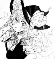 Rule 34 | &gt;:d, 1girl, :d, bad id, bad twitter id, blush, bow, braid, collared shirt, commentary request, frilled hat, frills, greyscale, hair bow, hand in own hair, hat, hat bow, hat ornament, kirisame marisa, long hair, looking at viewer, monochrome, neck ribbon, open mouth, ribbon, shirt, short sleeves, smile, solo, star (symbol), star hat ornament, surufuji, touhou, traditional media, upper body, v-shaped eyebrows, vest, witch hat