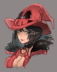 Rule 34 | 1girl, artist name, black hair, blue eyes, bob cut, breasts, choker, chromatic aberration, cleavage, commentary request, fur trim, grey background, guilty gear, hat, highres, i-no, looking at viewer, mole, mole under mouth, parted lips, pink lips, portrait, red hat, short hair, signature, simple background, smile, solo, witch hat, yohane shimizu