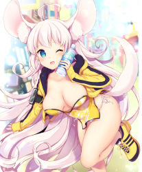 Rule 34 | 1girl, ;d, ahoge, animal ear fluff, animal ears, bare legs, blue eyes, blush, bottle, breasts, china dress, chinese clothes, cleavage, day, dress, fox ears, fox tail, jacket, large breasts, long hair, long sleeves, looking at viewer, miyano ururu, one eye closed, open mouth, original, outdoors, panties, shoes, short dress, side-tie panties, smile, sneakers, solo, tail, underwear, very long hair, water bottle, white hair, white panties, yellow dress, yellow footwear, yellow jacket