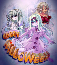 Rule 34 | 3girls, bad id, bad pixiv id, bare shoulders, blood, blood on breasts, blue hair, blush, bone, bow, breasts, colored skin, dark-skinned female, dark skin, detached sleeves, dress, earrings, elbow gloves, ghost, ghost (monster girl encyclopedia), ghost tail, ghoul, ghoul (monster girl encyclopedia), gloves, green hair, grey hair, hair bow, hair ribbon, halloween, happy halloween, jewelry, long hair, looking at viewer, mask, unworn mask, monster girl, monster girl encyclopedia, multiple girls, one eye closed, open mouth, outstretched arms, pointy ears, purple eyes, purple skin, red eyes, ribbon, skeleton, skeleton (monster girl encyclopedia), small breasts, smile, spread arms, sud (sudea), topless, torn clothes, torn dress, undead, white hair, white skin, wink, zombie, zoom layer