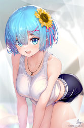 Rule 34 | 1girl, all fours, bare shoulders, black shorts, blue eyes, blue hair, blush, bralines, breasts, collarbone, dolphin shorts, hair ornament, hair over one eye, hairclip, hong (white spider), jewelry, large breasts, looking at viewer, necklace, open mouth, re:zero kara hajimeru isekai seikatsu, rem (re:zero), short hair, short shorts, shorts, smile, solo, tank top, thighs, white tank top