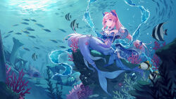 Rule 34 | 1girl, air bubble, arm support, bare shoulders, bead tail ornament, beads, blue bow, blue hair, blue kimono, blunt bangs, blush, bow, bow-shaped hair, bubble, butterflyfish, closed mouth, collarbone, commentary request, coral, detached collar, eyelashes, fins, fish, fish tail, floating hair, frilled sleeves, frills, genshin impact, gloves, gradient hair, hair ornament, half gloves, highres, japanese clothes, kimono, long hair, long sleeves, looking at viewer, mermaid, monster girl, moorish idol, multicolored hair, off shoulder, open clothes, open kimono, panpanmeiyou hp, pillar, pink hair, purple eyes, purple ribbon, ribbon, rock, ruins, sangonomiya kokomi, school of fish, seashell, seaweed, shell, short eyebrows, sidelocks, sitting, smile, solo, sparkle, starfish, tail, tassel, underwater, very long hair, vision (genshin impact), water, white gloves, wide sleeves
