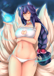 Rule 34 | 1girl, absurdres, ahri (league of legends), animal ears, bare shoulders, bell, bikini, blonde hair, blue hair, braid, breasts, cat lingerie, cleavage cutout, clothing cutout, collar, facial mark, fox ears, fox tail, highres, jingle bell, large breasts, league of legends, long hair, looking at viewer, meme attire, multiple tails, navel, neck bell, panties, side-tie bikini bottom, side-tie panties, smile, solo, swimsuit, tail, thigh gap, thighs, underwear, very long hair, yashichii