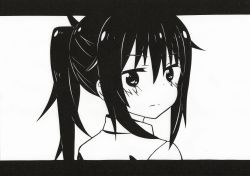 Rule 34 | 10s, 1girl, from behind, greyscale, himouto! umaru-chan, letterboxed, long hair, looking at viewer, looking back, monochrome, motoba kirie, ponytail, portrait, simple background, solo, white background