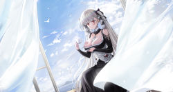 Rule 34 | 1girl, absurdres, azur lane, bare shoulders, between breasts, bird, black dress, blue sky, blush, breasts, cleavage, closed mouth, cloud, cloudy sky, cup, curtains, day, detached collar, dress, dutch angle, earrings, formidable (azur lane), frilled dress, frills, grey hair, hair ribbon, highres, holding, holding cup, indoors, jewelry, large breasts, long hair, looking at viewer, no bra, open window, red eyes, ribbon, seagull, sitting, sky, smile, solo, steam, twintails, two-tone dress, two-tone ribbon, very long hair, white curtains, window, yuki (asayuki101)