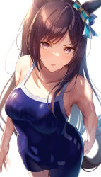 Rule 34 | 1girl, animal ears, blue one-piece swimsuit, blue ribbon, blush, bow, breasts, brown hair, collarbone, covered navel, ear ribbon, highres, horse ears, horse girl, horse tail, long hair, looking at viewer, medium breasts, mejiro dober (umamusume), one-piece swimsuit, purple eyes, ray mil68, ribbon, school swimsuit, simple background, solo, swimsuit, tail, umamusume, wet, white background