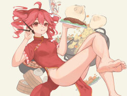 :t ahoge alternate_costume barefoot bowl china_dress chinese_clothes chinese_food chopsticks dress drill_hair eating floating food food_request hair_between_eyes highres hirachill16 holding holding_chopsticks holding_plate kasane_teto looking_at_viewer no_panties pink_background plate pout red_dress red_eyes short_sleeves simple_background soup steamed_bun twin_drills utau