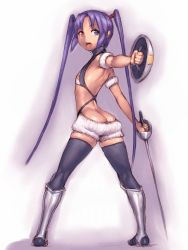 Rule 34 | 1girl, :o, armor, ass, bare shoulders, black thighhighs, blue eyes, buckler, butt crack, flat chest, fumio (rsqkr), heterochromia, looking back, original, purple hair, rapier, red eyes, shield, solo, sword, thighhighs, twintails, weapon