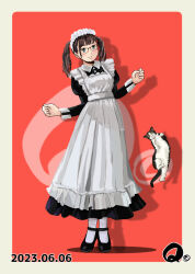 Rule 34 | 1girl, black dress, black footwear, brown hair, cat, dated, dress, full body, glasses, long hair, looking at viewer, maid, maid headdress, pantyhose, q98780409, red background, simple background, solo, standing, twintails, white pantyhose
