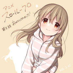 Rule 34 | 1girl, alternate hairstyle, beige background, blush, casual, closed mouth, copyright name, dated, dot nose, drop shadow, dutch angle, episode number, eyes visible through hair, floating hair, from above, gradient eyes, hair between eyes, hair down, highres, hood, hood down, hooded jacket, invisible chair, jacket, light brown hair, long hair, long sleeves, looking up, minagi koharu, multicolored eyes, official art, pink jacket, red eyes, simple background, sitting, slow loop, solo, star (symbol), striped clothes, striped jacket, tareme, thank you, uchino maiko, zipper, zipper pull tab