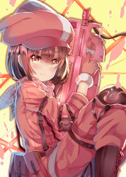Rule 34 | 1girl, animal hat, arms up, bandana, blush, boots, brown footwear, brown hair, bullpup, closed mouth, commentary request, cross-laced footwear, finger on trigger, fur-trimmed gloves, fur trim, gloves, gun, hair between eyes, hat, holding, holding gun, holding weapon, jacket, lace-up boots, llenn (sao), long sleeves, p-chan (p90), p-chan (sao), p90, pants, personal defense weapon, pink bandana, pink gloves, pink hat, pink jacket, pink neckwear, pink pants, rabbit hat, red eyes, smile, solo, submachine gun, sword art online, sword art online alternative: gun gale online, weapon, xephonia