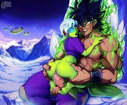 Rule 34 | 1boy, 1girl, ass, ass grab, barefoot, broly (dragon ball super), cheelai, clothed sex, colored skin, cum, cum in pussy, dragon ball, dragon ball super, dragon ball super broly, green skin, happy sex, hetero, highres, huge ass, muscular, no humans, cum overflow, sex, size difference, smile, uncensored