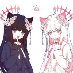 Rule 34 | 2girls, :&lt;, :d, ahoge, animal ears, black dress, black hair, black vs white, cat ears, cat girl, commentary, constellation, constellation print, cowlick, dress, el elys, expressionless, fangs, flower, gemini (constellation), hair flower, hair ornament, halo, index finger raised, jewelry, leo (constellation), leo minor (constellation), long sleeves, looking at viewer, multiple girls, multiple rings, neck ribbon, open mouth, original, pink halo, pink ribbon, purple eyes, purple nails, ribbon, ring, simple background, skin fangs, smile, star (symbol), symbol-only commentary, symbol-shaped pupils, upper body, v, white background, white dress, white hair, white ribbon, x-shaped pupils