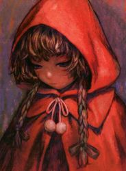 Rule 34 | 1girl, braid, brown hair, cloak, grimm&#039;s fairy tales, hood, hooded cloak, little red riding hood, little red riding hood (grimm), looking down, murata range, portrait, red theme, sad, solo, twin braids, twintails, upper body