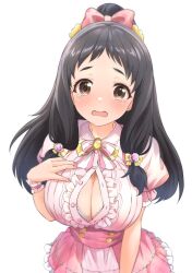 Rule 34 | 1girl, absurdres, arm at side, b1ack illust, black hair, blush, bow, breasts, brown eyes, buttons, cleavage, commentary request, commission, dress, flower, hair bow, hair flower, hair ornament, hand on own chest, highres, idolmaster, idolmaster cinderella girls, large breasts, long hair, looking at viewer, ohnuma kurumi, open mouth, pink dress, pixiv commission, popped button, sidelocks, simple background, solo, standing, tearing up, wavy mouth, white background