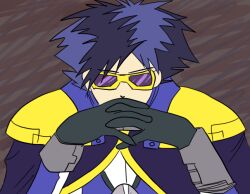 Rule 34 | 1boy, digimon, digimon adventure 02, digimon kaiser, gendou pose, goggles, hands clasped, male focus, meme, neon genesis evangelion, own hands clasped, own hands together, parody, solo, spiked hair, trait connection