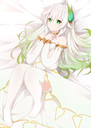 Rule 34 | 1girl, :|, absurdres, bare shoulders, bed sheet, bloomers, chinese commentary, closed mouth, commentary request, detached sleeves, dress, genshin impact, gold choker, gold trim, gradient hair, green eyes, green hair, hair between eyes, hair ornament, hands up, highres, leaf hair ornament, legs up, long hair, looking ahead, lying, multicolored hair, mxirony, on back, own hands together, pointy ears, rukkhadevata (genshin impact), solo, star-shaped pupils, star (symbol), strapless, strapless dress, symbol-shaped pupils, thighhighs, thighs, underwear, very long hair, white bloomers, white dress, white hair, white sleeves, white thighhighs