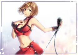 Rule 34 | 1girl, bare shoulders, breasts, brown hair, choker, cleavage, commentary, cuffs, happy birthday, meiko (vocaloid), microphone, microphone stand, miniskirt, nail polish, navel, red skirt, short hair, skirt, smile, solo, vocaloid, yen-mi