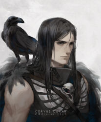 Rule 34 | 1boy, 2022, absurdres, armor, artist name, bird, black cape, black eyes, black hair, cape, character name, closed mouth, corvus corax, crow, fur cape, ginias, highres, long hair, looking at viewer, primarch, raven guard, solo, warhammer 40k