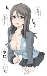 Rule 34 | 10s, 1girl, :d, arm support, black skirt, blush, breasts, cleavage, collarbone, elf (stroll in the woods), female focus, girls und panzer, grey eyes, grey hair, highres, jacket, long hair, long sleeves, looking at viewer, matching hair/eyes, medium breasts, mika (girls und panzer), neck, open mouth, partially unzipped, skirt, smile, solo, sweat, track jacket, unzipping, white background