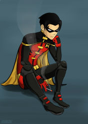 Rule 34 | 1boy, absurdres, batman (series), black hair, bodysuit, boots, cape, cigarette, dc comics, domino mask, gloves, highres, jason todd, male focus, mask, robin (dc), shamserg, sitting, smoking, solo, young justice: invasion