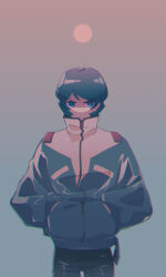 Rule 34 | 1boy, absurdres, black pants, blue background, blue eyes, blue hair, blue jacket, blurry, chromatic aberration, covered mouth, gradient background, gundam, hands in pockets, high collar, highres, jacket, kamille bidan, long sleeves, looking at viewer, male focus, pants, pin (penco co), pink background, short hair, simple background, solo, v-shaped eyebrows, zeta gundam, zipper pull tab
