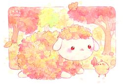 Rule 34 | :3, animal, animal focus, artist name, autumn, autumn leaves, bird, bisquii, border, chibi, chick, closed mouth, commentary, english commentary, holding, leaf, lying, mushroom, no humans, on stomach, original, outdoors, painting (medium), red eyes, sheep, standing, traditional media, tree, watercolor (medium), white border