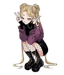 Rule 34 | 1girl, absurdres, bead necklace, beads, black footwear, black shirt, black skirt, blush, boots, breasts, closed mouth, convenient leg, cross-laced footwear, double bun, double v, doughnut hair bun, ear piercing, fang, fang out, fingernails, fishnet pantyhose, fishnets, full body, hair bun, hair ornament, hair over shoulder, hairclip, hands up, highres, jewelry, knee boots, lace-up boots, long fingernails, long hair, looking at viewer, mask, mask pull, mole, mole under mouth, mouth mask, muryo, nail polish, necklace, original, pantyhose, parted bangs, pencil skirt, piercing, pink eyes, purple sweater, shirt, simple background, skirt, sleeves past wrists, smile, solo, squatting, sweater, turtleneck, twintails, v, very long hair, white background