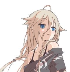 Rule 34 | 1girl, ahoge, bare shoulders, black bra, blue eyes, bra, braid, cevio, collarbone, commentary, crop top, doodle, expressionless, grey shirt, hair between eyes, ia (vocaloid), long hair, looking away, nejikyuu, parted lips, platinum blonde hair, shirt, solo, twin braids, underwear, upper body, vocaloid, white background