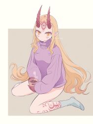 Rule 34 | 1girl, blonde hair, cup, drink, earrings, expressionless, facial mark, fate/grand order, fate (series), forehead mark, highres, holding, holding cup, horns, ibaraki douji (fate), jewelry, long hair, looking at viewer, mame cs5, oni, pointy ears, purple sweater, sitting, socks, solo, sweater, wariza, yellow eyes