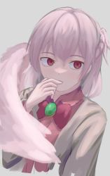 Rule 34 | 1girl, absurdres, bow, bowtie, closed mouth, collar, collared dress, dress, florentia menma, gem, grey background, hair between eyes, hand up, highres, jacket, jewelry, kishin sagume, long sleeves, looking to the side, pink dress, pink hair, purple dress, red bow, red bowtie, red eyes, short hair, simple background, single wing, solo, touhou, white jacket, wings