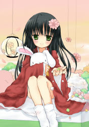 1girl bad_id bad_pixiv_id black_hair blush candy child female_focus flat_chest flower food green_eyes hair_flower hair_ornament hug japanese_clothes kimono konpeitou lantern long_hair mizukusa_aoba original rabbit sitting smile solo stuffed_animal stuffed_rabbit stuffed_toy