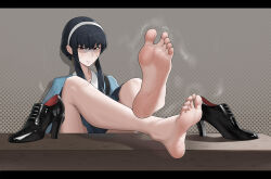 Rule 34 | 1girl, absurdres, barefoot, black hair, blush, feet, hairband, highres, long hair, looking at viewer, pazixia, red eyes, shaded face, shoes, unworn shoes, soles, spy x family, steam, toes, yor briar