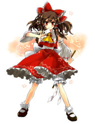Rule 34 | 1girl, bad id, bad pixiv id, bow, brown hair, female focus, frills, gathers, hakurei reimu, imperishable night, popoin, red eyes, ribbon, solo, touhou