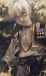 Rule 34 | 1boy, arm guards, arms at sides, blue eyes, blue gemstone, choker, closed mouth, coin (ornament), dark-skinned male, dark skin, day, earrings, eyelashes, gem, hair between eyes, highres, ibrahim (nijisanji), jewelry, long sleeves, male focus, mamevv024, nature, nijisanji, parted lips, pendant, plunging neckline, puffy long sleeves, puffy sleeves, sash, solo, sparkle, upper body, v-neck, vest, virtual youtuber, white hair