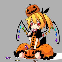Rule 34 | 1girl, :t, alternate color, asameshi, black ribbon, blonde hair, blush stickers, candy, candy cane, commentary request, crystal, dress, flandre scarlet, food, food in mouth, grey background, hair ribbon, holding, holding food, jack-o&#039;-lantern, lollipop, orange dress, ponytail, pumpkin on head, red eyes, ribbon, seiza, short hair, simple background, sitting, solo, swirl lollipop, touhou, wings, wrapped candy