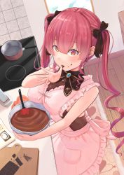Rule 34 | 1girl, apron, bare arms, bowl, breasts, brown ribbon, candy, chocolate, chocolate bar, chocolate making, cleavage, commentary request, cutting board, drill hair, food, food on face, frilled apron, frills, from above, hair ribbon, heterochromia, highres, holding, holding bowl, hololive, houshou marine, izu (tea value lord), large breasts, licking, licking finger, long hair, looking at viewer, mixer (cooking), neck ribbon, pink apron, pot, red eyes, red hair, ribbon, see-through, see-through cleavage, sidelocks, solo, stove, twin drills, twintails, valentine, virtual youtuber, wooden floor, yellow eyes
