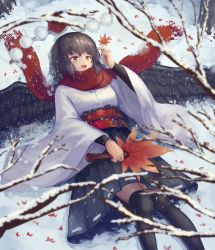 Rule 34 | 1girl, arm up, arm warmers, bad id, bad pixiv id, bare tree, bird wings, black hair, black skirt, black thighhighs, branch, commentary, english commentary, feather fan, feathered wings, feet out of frame, hand fan, hat, unworn hat, unworn headwear, highres, holding, holding fan, holding leaf, kourindou tengu costume, leaf, long sleeves, looking up, lying, maple leaf, obi, on back, ookashippo, open mouth, pleated skirt, red eyes, red scarf, sash, scarf, shameimaru aya, shirt, short hair, skirt, snow, snowing, solo, thighhighs, tokin hat, touhou, tree, white shirt, wings
