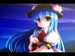Rule 34 | 1girl, blue hair, dress, female focus, food, fruit, hat, highres, hinanawi tenshi, holding, letterboxed, long hair, night, outdoors, peach, red eyes, sky, solo, star (symbol), thermos, touhou, tsubasa (abchipika)