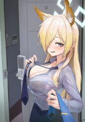 Rule 34 | 1girl, 723 chfhrqur, absurdres, animal ear fluff, animal ears, black bra, black necktie, black skirt, blonde hair, blue archive, blue eyes, blue halo, blue shirt, blush, bra, breasts, cleavage, collared shirt, door, hair over one eye, halo, highres, indoors, kanna (blue archive), large breasts, long hair, long sleeves, looking at viewer, necktie, open mouth, see-through, see-through shirt, sharp teeth, shirt, skirt, solo, teeth, underwear