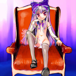 Rule 34 | 1girl, 3.1-tan, armchair, black footwear, bow, chair, closed mouth, commentary request, detached collar, detached sleeves, fang, fang out, flat chest, grey thighhighs, hand up, highres, light purple hair, long hair, long sleeves, mary janes, navel, os-tan, partially undressed, purple bow, red eyes, shoes, sitting, smile, solo, split mouth, thighhighs, tsukiyono aroe, tsurime, very long hair, white sleeves