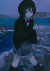Rule 34 | 1girl, black hair, black socks, blue eyes, bow, check copyright, closed mouth, commentary, copyright request, grey skirt, hair between eyes, highres, holding, holding own arm, looking at viewer, nekoudon4040, ocean, original, outdoors, pink bow, rock, short hair, skirt, socks, solo, standing, striped, striped bow