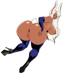 Rule 34 | 1girl, animal ears, anus, ass, boku no hero academia, breasts, curvy, dark-skinned female, dark skin, high heels, highres, huge ass, huge breasts, long hair, looking at viewer, looking back, mirko, rabbit ears, rabbit tail, red eyes, smile, solo, standing, tail, thecon, thick thighs, thighhighs, thighs, very long hair, white hair, wide hips