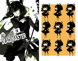 Rule 34 | 10s, 1girl, :p, black dress, black hair, black rock shooter, chibi, curly hair, dead master, dress, female focus, horns, scythe, smile, solo, star (symbol), starshadowmagician, tongue, tongue out, white background, wings